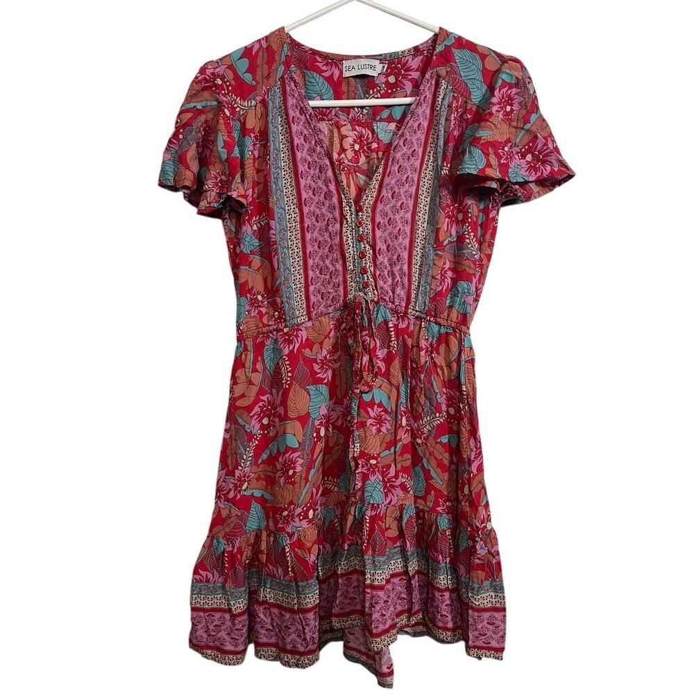 Sea Lustre Pink Floral Boho Mini Dress Tie Front Ruffle Cottagecore